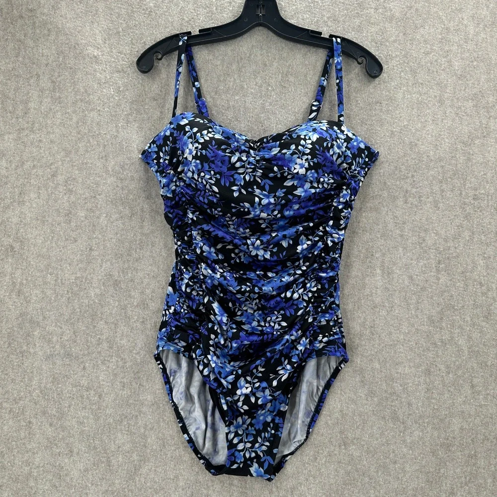 Longitude One Piece Swimsuit Womens 14 Blue Black Floral Ruched Adjustable Strap